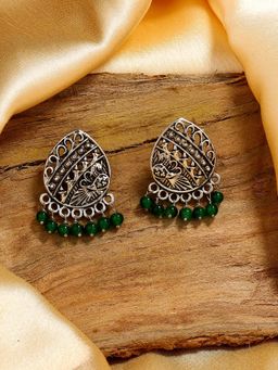 Estele - Rhodium Plated Oxidised Scintillating Earrings with Green Beads for Women