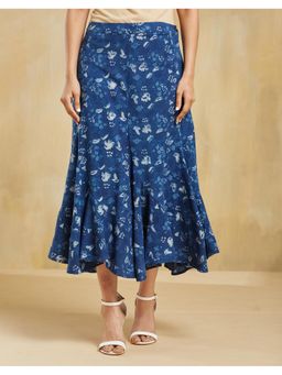 Fabindia - Blue Cotton Hand Block Printed Midi Skirt
