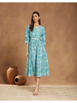 Fabindia - Green Cotton Silk Hand Block Printed Dress with Belt