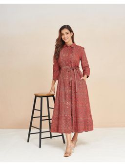 Fabindia - Red Cotton Ajrakh Printed Maxi Dress with Belt