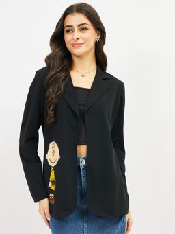 AAREIN - Women Polyester Black Printed Single-Breasted Blazer