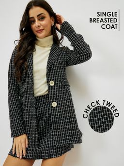 AAREIN - Women Wool Black Checks Single-Breasted Blazer