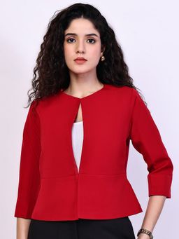 Exude - Womens Polyester Satin Red Solid Open Front Blazer