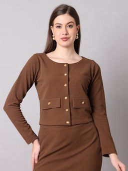 Exude - Women Polyester Satin Brown Solid Open Front Blazer