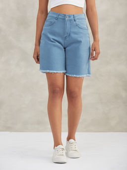 DOLCE CRUDO - Women Blue Solid High Waist Denim Shorts