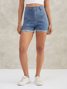 DOLCE CRUDO - Women Blue Solid High Waist Denim Shorts