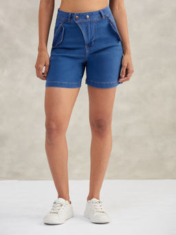 DOLCE CRUDO - Women Blue Solid High Waist Denim Shorts