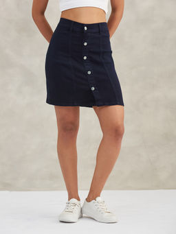 DOLCE CRUDO - Women Navy Blue Solid High Waist Denim Mini Skirt