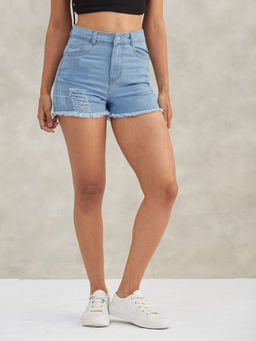 DOLCE CRUDO - Women Blue Solid High Waist Denim Shorts