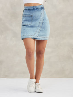 DOLCE CRUDO - Women Blue Solid High Waist Denim Mini Skirt