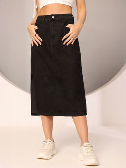 DOLCE CRUDO - Women Black Solid High Waist Denim Midi Skirt