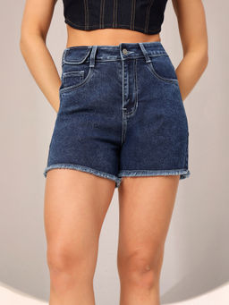 DOLCE CRUDO - Women Navy Blue Solid High Waist Denim Shorts