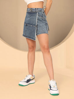 DOLCE CRUDO - Women Blue Solid High Waist Denim Skorts