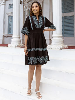 ZUMMER - Cotton Black Embroidered Fit And Flare Dress