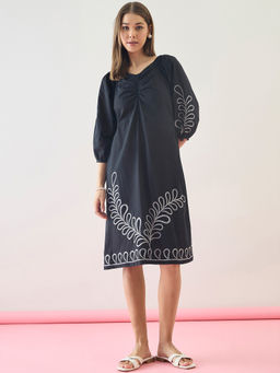 ZUMMER - Cotton Black Embroidered Puff Sleeve Dress