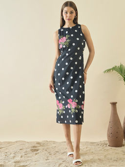 ZUMMER - Cotton Black Polka Dot Printed Cut Out Dress