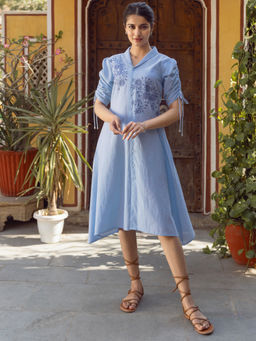 ZUMMER - Blue Cotton Floral Embroidered Shirt Dress