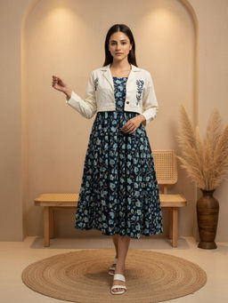 ZUMMER - Cotton Navy Blue Printed Fit And Flare Dress With Embroidered Jacket