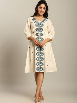 ZUMMER - Cotton Off White Floral Embroidered A-Line Dress