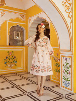 ZUMMER - Cotton Pink Embroidered A- Line Dress