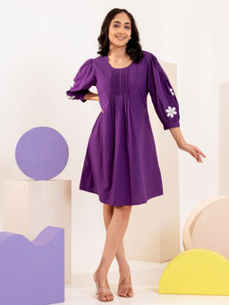 ZUMMER - Cotton Purple Applique Work A- Line Dress