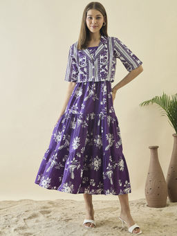 ZUMMER - Cotton Purple Printed Fit And Flare Dress With Jacket