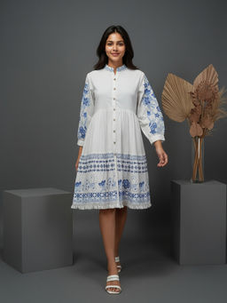 ZUMMER - Cotton White Embroidered Fit And Flare Shirt Dress