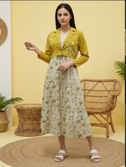 ZUMMER - Cotton Yellow Printed Fit And Flare Dress With Embroidered Jacket
