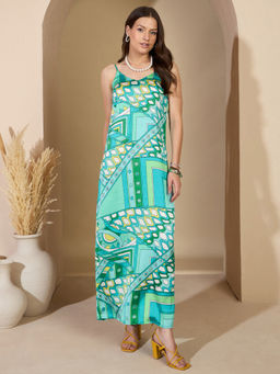 ZUMMER - Green Asbstract Satin Strappy Dress