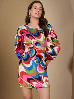 ZUMMER - Satin Multi-Color Abstract Side Cut Out Dress