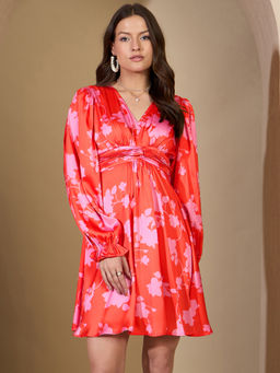 ZUMMER - Orange Floral Bishop Sleeves Skater Dress