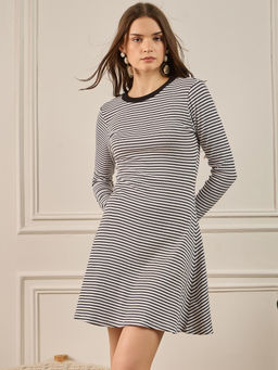 ZUMMER - Black And White Striped Rib Skater Dress