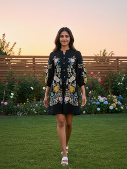 ZUMMER - Rayon Floral Embroidered Black Dress