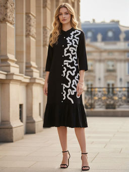 ZUMMER - Rayon Black Applique Work A-Line Dress