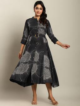 ZUMMER - Navy Blue Rayon Printed Fit And Flare Dress