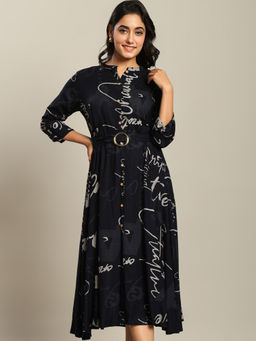 ZUMMER - Navy Blue Rayon Printed Fit And Flare Dress