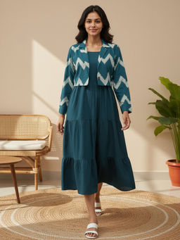 ZUMMER - Cotton Fit And Flare Dress With Ikat Printed Jacket