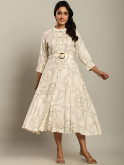 ZUMMER - Rayon Printed Fit And Flare Off White Dress with Belt