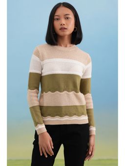 CRIMSOUNE CLUB - Women Olive Color-Block Sweater