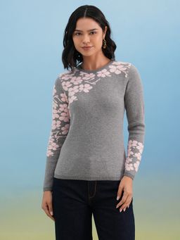 CRIMSOUNE CLUB - Women Grey Floral Printed Sweater