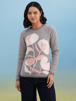 CRIMSOUNE CLUB - Women Grey Floral Print Sweater