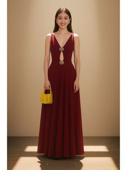 AAREIN - Maroon V-Neck Cutout Embellished Dress