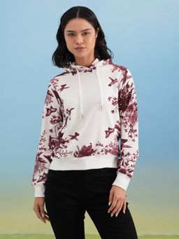 CRIMSOUNE CLUB - Women White Floral Print Hooded Neck Hoodie