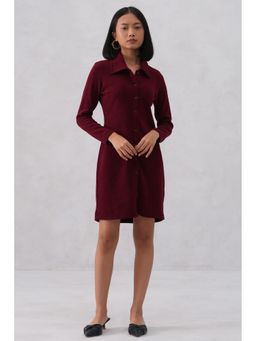 CRIMSOUNE CLUB - Women Maroon Textured Winter Mini Shirt-Dress