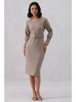 CRIMSOUNE CLUB - Women Beige Vertical Stripes Winter Bodycon Dress with Belt