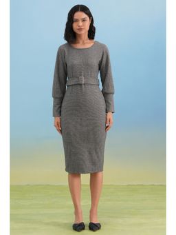 CRIMSOUNE CLUB - Women Grey Vertical Stripes Winter Bodycon Dress with Belt