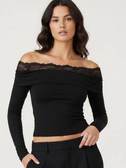 Outzidr - Black Off-Shoulder Lace-Insert Top