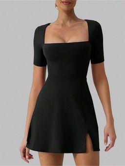 Outzidr - Black Short Sleeve Square Neck Dress