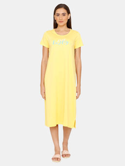 Zivame - Rosaline Geo Blooms Knit Cotton Calf Length Nightdress - Minion Yellow