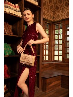 Modarta By Kamakshi - Crystal Tassel & Bead Embellishments Velvet Flap Handbag